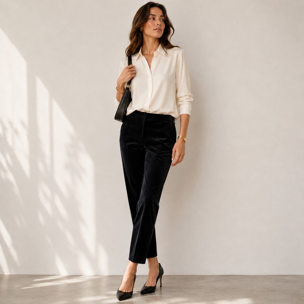 THEORY Women's Straight Pants 12 Black Dark Blue Velvet Trousers Luxury Tapered